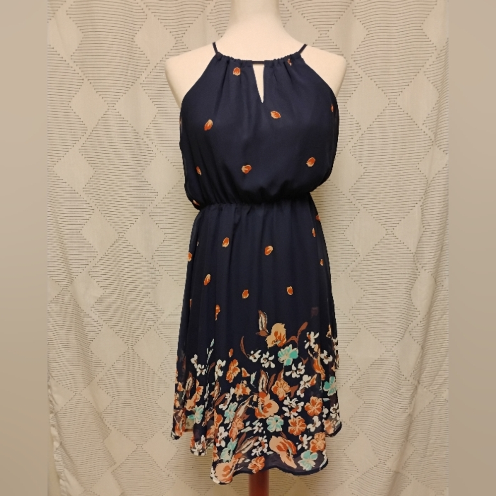 Collective Concepts Navy Floral Halter Dress Women's Size Small